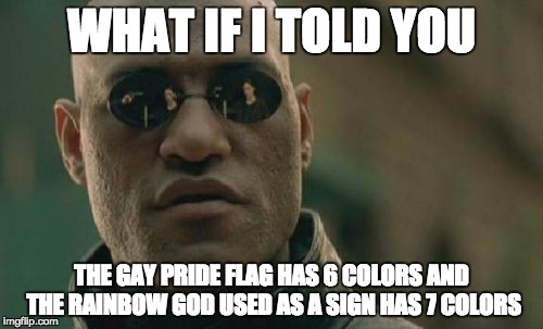 Matrix Morpheus Meme | WHAT IF I TOLD YOU THE GAY PRIDE FLAG HAS 6 COLORS AND THE RAINBOW GOD USED AS A SIGN HAS 7 COLORS | image tagged in memes,matrix morpheus | made w/ Imgflip meme maker