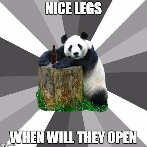 Pickup Line Panda Meme | NICE LEGS WHEN WILL THEY OPEN | image tagged in memes,pickup line panda | made w/ Imgflip meme maker
