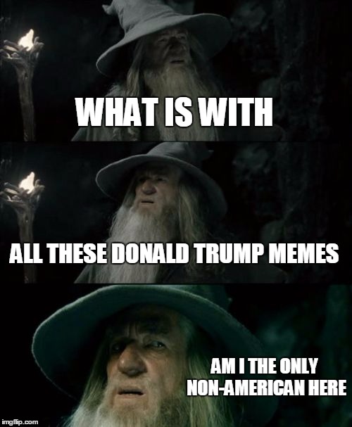 Confused Gandalf | WHAT IS WITH ALL THESE DONALD TRUMP MEMES AM I THE ONLY NON-AMERICAN HERE | image tagged in memes,confused gandalf | made w/ Imgflip meme maker