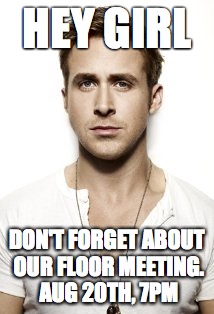 Ryan Gosling Meme | HEY GIRL DON'T FORGET ABOUT OUR FLOOR MEETING. AUG 20TH, 7PM | image tagged in memes,ryan gosling | made w/ Imgflip meme maker