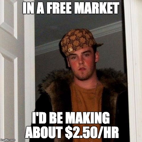 Scumbag Steve | IN A FREE MARKET I'D BE MAKING ABOUT $2.50/HR | image tagged in memes,scumbag steve | made w/ Imgflip meme maker