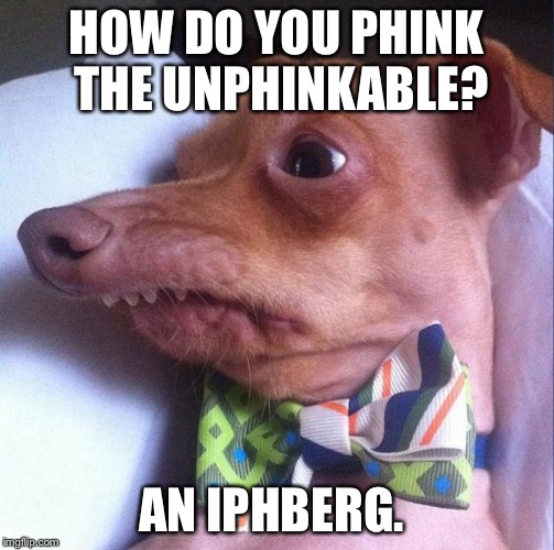 Tuna the dog (Phteven) | HOW DO YOU PHINK THE UNPHINKABLE? AN IPHBERG. | image tagged in tuna the dog phteven | made w/ Imgflip meme maker