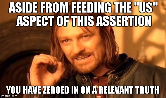 One Does Not Simply Meme | ASIDE FROM FEEDING THE "US" ASPECT OF THIS ASSERTION YOU HAVE ZEROED IN ON A RELEVANT TRUTH | image tagged in memes,one does not simply | made w/ Imgflip meme maker