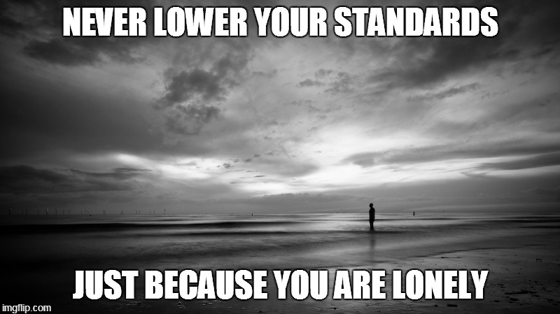 Lonely | NEVER LOWER YOUR STANDARDS JUST BECAUSE YOU ARE LONELY | image tagged in lonely | made w/ Imgflip meme maker