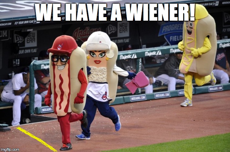 Cleveland Indians Hot Dog Race | WE HAVE A WIENER! | image tagged in winner,drag race | made w/ Imgflip meme maker
