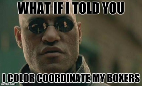 Matrix Morpheus | WHAT IF I TOLD YOU I COLOR COORDINATE MY BOXERS | image tagged in memes,matrix morpheus | made w/ Imgflip meme maker