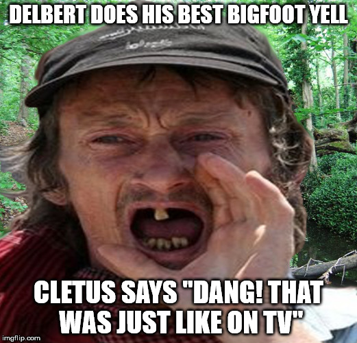 Delbert hunts Bigfoot | DELBERT DOES HIS BEST BIGFOOT YELL CLETUS SAYS "DANG! THAT WAS JUST LIKE ON TV" | image tagged in funny,hillbilly,delbert | made w/ Imgflip meme maker