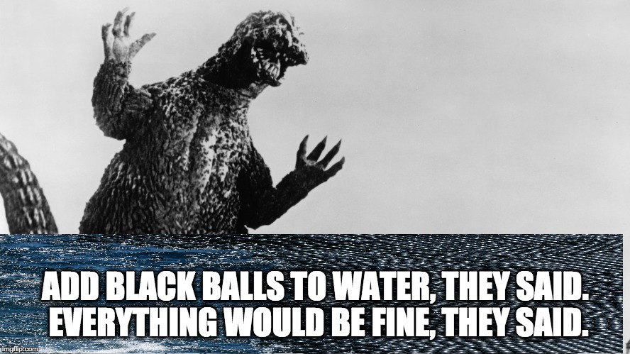 Godzilla Arises From Black Balled Encased California Water | ADD BLACK BALLS TO WATER, THEY SAID. EVERYTHING WOULD BE FINE, THEY SAID. | image tagged in black balls,water,california drought,godzilla | made w/ Imgflip meme maker