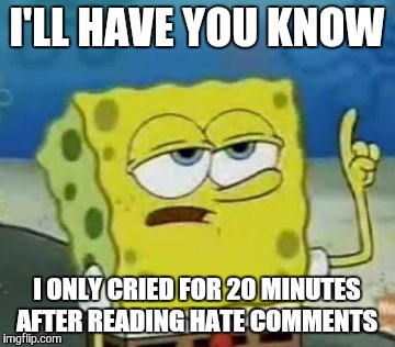 I'll Have You Know Spongebob | I'LL HAVE YOU KNOW I ONLY CRIED FOR 20 MINUTES AFTER READING HATE COMMENTS | image tagged in memes,ill have you know spongebob | made w/ Imgflip meme maker