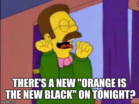 Ned flanders emocionado | THERE'S A NEW "ORANGE IS THE NEW BLACK" ON TONIGHT? | image tagged in ned flanders emocionado | made w/ Imgflip meme maker