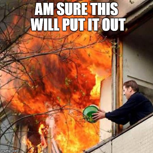 people let the fire fighters do it XD | AM SURE THIS WILL PUT IT OUT | image tagged in fire idiot bucket water | made w/ Imgflip meme maker