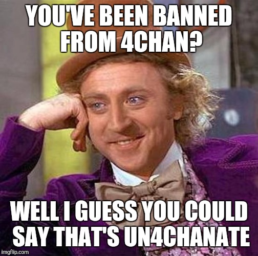 Creepy Condescending Wonka Meme | YOU'VE BEEN BANNED FROM 4CHAN? WELL I GUESS YOU COULD SAY THAT'S UN4CHANATE | image tagged in memes,creepy condescending wonka | made w/ Imgflip meme maker