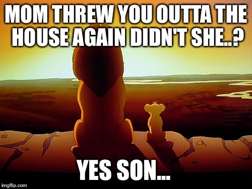 Lion King Meme | MOM THREW YOU OUTTA THE HOUSE AGAIN DIDN'T SHE..? YES SON... | image tagged in memes,lion king | made w/ Imgflip meme maker