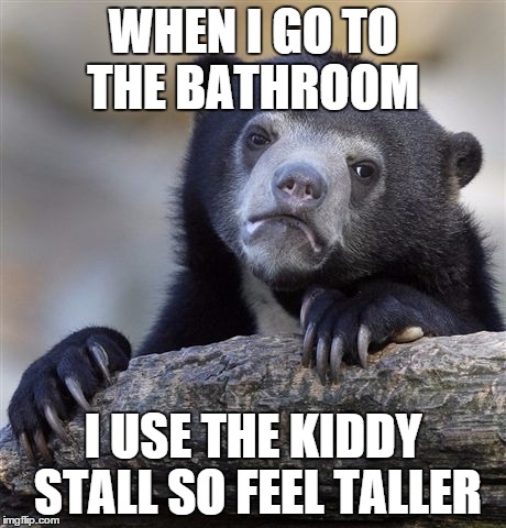 Confession Bear | WHEN I GO TO THE BATHROOM I USE THE KIDDY STALL SO FEEL TALLER | image tagged in memes,confession bear | made w/ Imgflip meme maker