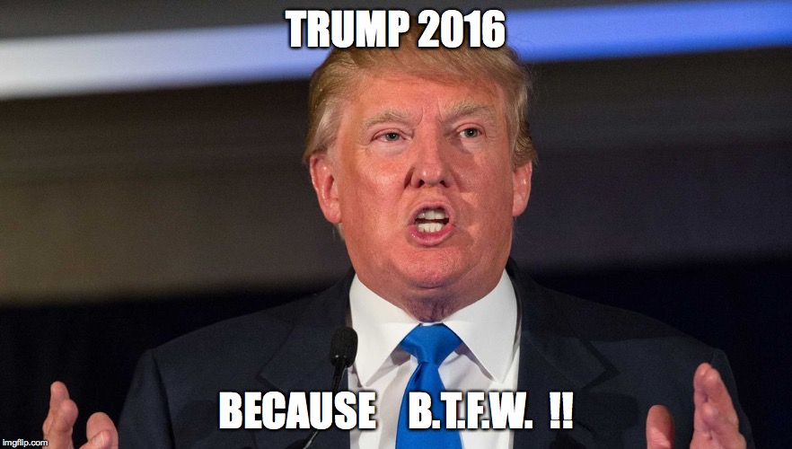 Trump 001 | TRUMP 2016 BECAUSE    B.T.F.W.  !! | image tagged in trump 001 | made w/ Imgflip meme maker