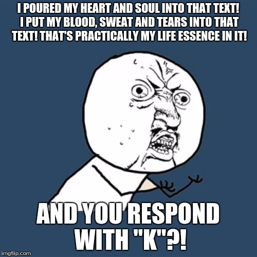 Y U No Meme | I POURED MY HEART AND SOUL INTO THAT TEXT! I PUT MY BLOOD, SWEAT AND TEARS INTO THAT TEXT! THAT'S PRACTICALLY MY LIFE ESSENCE IN IT! AND YOU | image tagged in memes,y u no | made w/ Imgflip meme maker