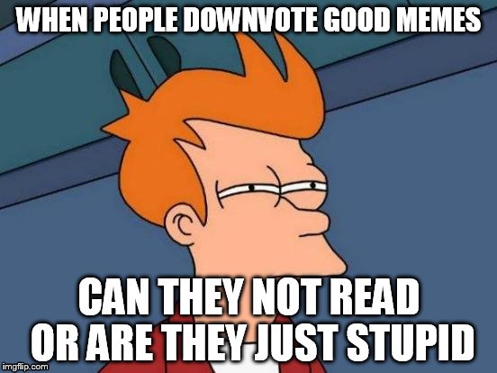 Futurama Fry Meme | WHEN PEOPLE DOWNVOTE GOOD MEMES CAN THEY NOT READ OR ARE THEY JUST STUPID | image tagged in memes,futurama fry | made w/ Imgflip meme maker