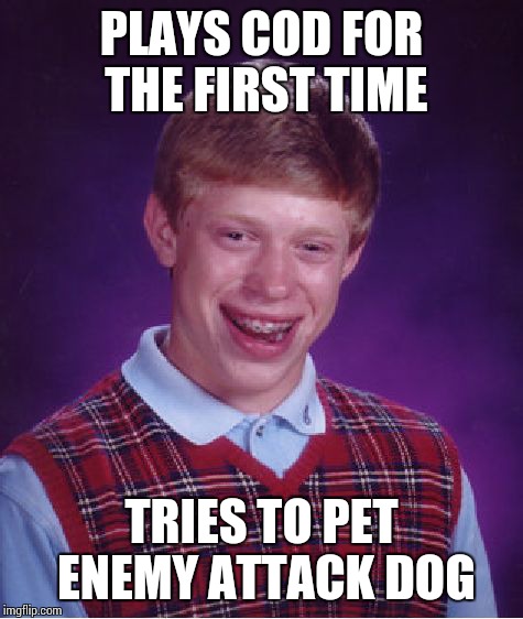 Bad Luck Brian | PLAYS COD FOR THE FIRST TIME TRIES TO PET ENEMY ATTACK DOG | image tagged in memes,bad luck brian | made w/ Imgflip meme maker