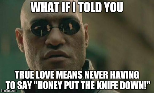 Matrix Morpheus | WHAT IF I TOLD YOU TRUE LOVE MEANS NEVER HAVING TO SAY "HONEY PUT THE KNIFE DOWN!" | image tagged in memes,matrix morpheus | made w/ Imgflip meme maker