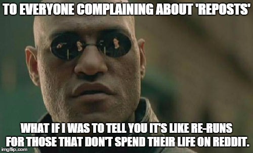 Matrix Morpheus | TO EVERYONE COMPLAINING ABOUT 'REPOSTS' WHAT IF I WAS TO TELL YOU IT'S LIKE RE-RUNS FOR THOSE THAT DON'T SPEND THEIR LIFE ON REDDIT. | image tagged in memes,matrix morpheus,AdviceAnimals | made w/ Imgflip meme maker
