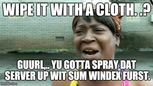 Ain't Nobody Got Time For That Meme | WIPE IT WITH A CLOTH. .? GUURL,.. YU GOTTA SPRAY DAT SERVER UP WIT SUM WINDEX FURST. | image tagged in memes,aint nobody got time for that | made w/ Imgflip meme maker