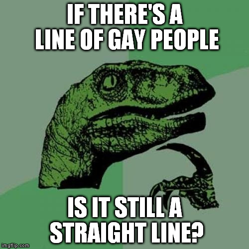 Philosoraptor Meme | IF THERE'S A LINE OF GAY PEOPLE IS IT STILL A STRAIGHT LINE? | image tagged in memes,philosoraptor | made w/ Imgflip meme maker