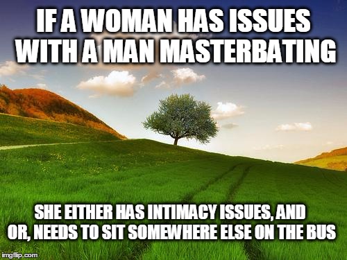 Fap Ride | IF A WOMAN HAS ISSUES WITH A MAN MASTERBATING SHE EITHER HAS INTIMACY ISSUES, AND OR, NEEDS TO SIT SOMEWHERE ELSE ON THE BUS | image tagged in beautiful life,funny memes,time to fap | made w/ Imgflip meme maker