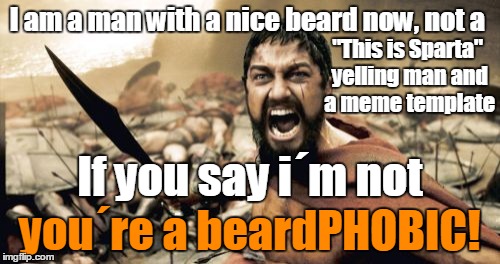 Yeah Phobics! | I am a man with a nice beard now, not a you´re a beardPHOBIC! If you say i´m not "This is Sparta" yelling man and a meme template | image tagged in memes,sparta leonidas | made w/ Imgflip meme maker