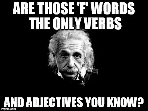 Albert Einstein 1 | ARE THOSE 'F' WORDS THE ONLY VERBS AND ADJECTIVES YOU KNOW? | image tagged in memes,albert einstein 1 | made w/ Imgflip meme maker