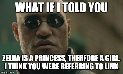 Matrix Morpheus Meme | WHAT IF I TOLD YOU ZELDA IS A PRINCESS, THERFORE A GIRL. I THINK YOU WERE REFERRING TO LINK | image tagged in memes,matrix morpheus | made w/ Imgflip meme maker