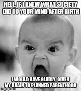 Angry Baby Meme | HELL, IF I KNEW WHAT SOCIETY DID TO YOUR MIND AFTER BIRTH I WOULD HAVE GLADLY  GIVEN MY BRAIN TO PLANNED PARENTHOOD | image tagged in memes,angry baby | made w/ Imgflip meme maker
