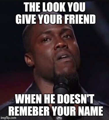 That Look... | THE LOOK YOU GIVE YOUR FRIEND WHEN HE DOESN'T REMEBER YOUR NAME | image tagged in kevin hart,meme | made w/ Imgflip meme maker