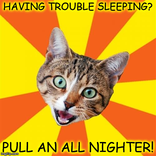 Bad Advice Cat Meme | HAVING TROUBLE SLEEPING? PULL AN ALL NIGHTER! | image tagged in memes,bad advice cat | made w/ Imgflip meme maker
