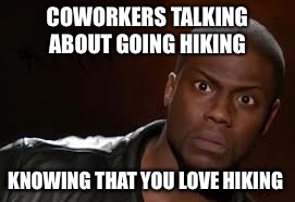 Kevin Hart Meme | COWORKERS TALKING ABOUT GOING HIKING KNOWING THAT YOU LOVE HIKING | image tagged in memes,kevin hart the hell | made w/ Imgflip meme maker