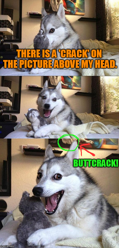 Bad Pun Dog | THERE IS A 'CRACK' ON THE PICTURE ABOVE MY HEAD. BUTTCRACK! | image tagged in memes,bad pun dog,crack | made w/ Imgflip meme maker