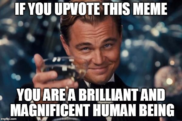 Leonardo Dicaprio Cheers | IF YOU UPVOTE THIS MEME YOU ARE A BRILLIANT AND MAGNIFICENT HUMAN BEING | image tagged in memes,leonardo dicaprio cheers | made w/ Imgflip meme maker