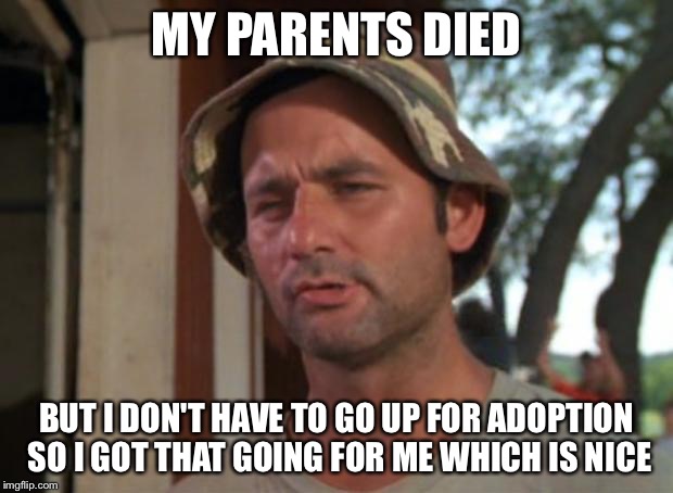 So I Got That Goin For Me Which Is Nice | MY PARENTS DIED BUT I DON'T HAVE TO GO UP FOR ADOPTION SO I GOT THAT GOING FOR ME WHICH IS NICE | image tagged in memes,so i got that goin for me which is nice | made w/ Imgflip meme maker