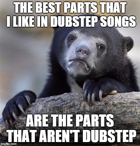 Confession Bear | THE BEST PARTS THAT I LIKE IN DUBSTEP SONGS ARE THE PARTS THAT AREN'T DUBSTEP | image tagged in memes,confession bear,AdviceAnimals | made w/ Imgflip meme maker