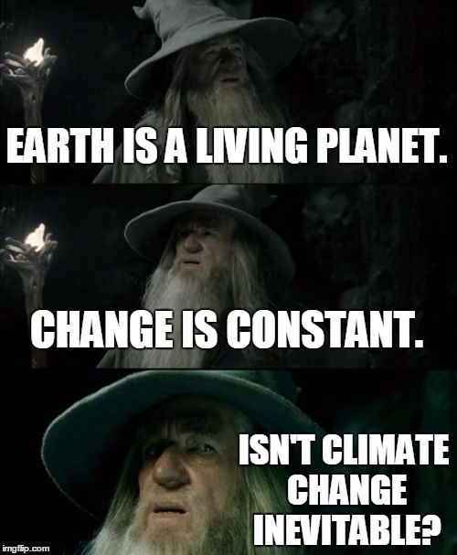 Confused Gandalf Meme | EARTH IS A LIVING PLANET. CHANGE IS CONSTANT. ISN'T CLIMATE CHANGE INEVITABLE? | image tagged in memes,confused gandalf | made w/ Imgflip meme maker