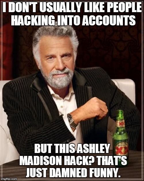 The Most Interesting Man In The World | I DON'T USUALLY LIKE PEOPLE HACKING INTO ACCOUNTS BUT THIS ASHLEY MADISON HACK? THAT'S JUST DAMNED FUNNY. | image tagged in memes,the most interesting man in the world | made w/ Imgflip meme maker