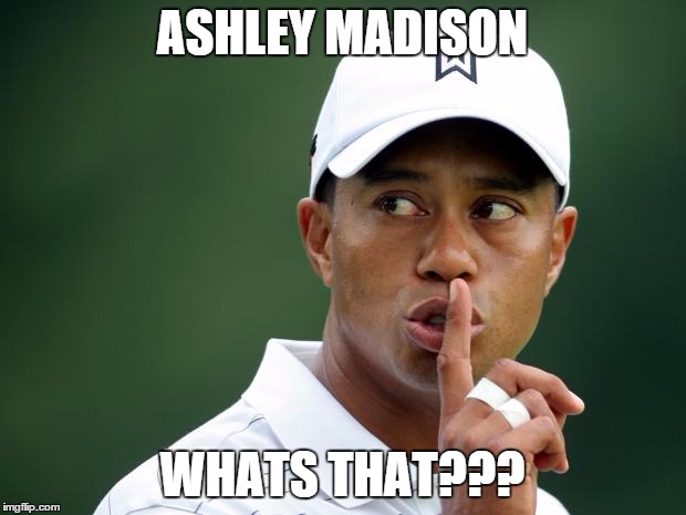 Tiger Woods | ASHLEY MADISON WHATS THAT??? | image tagged in tiger woods | made w/ Imgflip meme maker