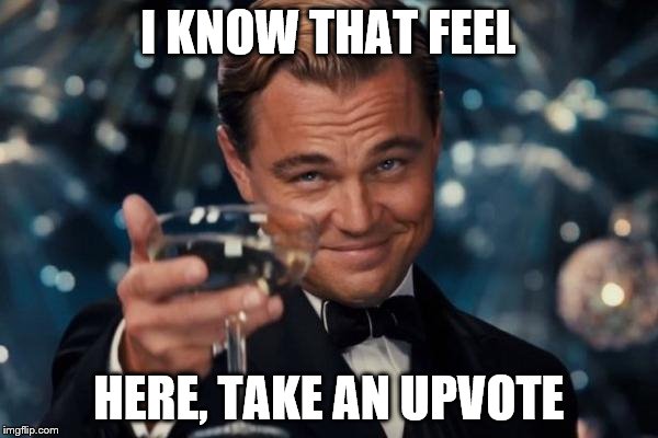 Leonardo Dicaprio Cheers Meme | I KNOW THAT FEEL HERE, TAKE AN UPVOTE | image tagged in memes,leonardo dicaprio cheers | made w/ Imgflip meme maker