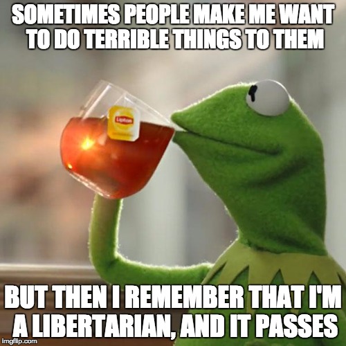 But That's None Of My Business | SOMETIMES PEOPLE MAKE ME WANT TO DO TERRIBLE THINGS TO THEM BUT THEN I REMEMBER THAT I'M A LIBERTARIAN, AND IT PASSES | image tagged in memes,but thats none of my business,kermit the frog | made w/ Imgflip meme maker