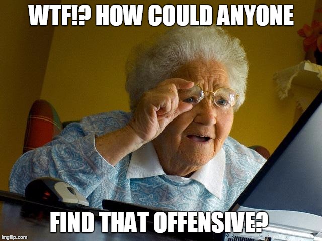 Grandma Finds The Internet Meme | WTF!? HOW COULD ANYONE FIND THAT OFFENSIVE? | image tagged in memes,grandma finds the internet | made w/ Imgflip meme maker