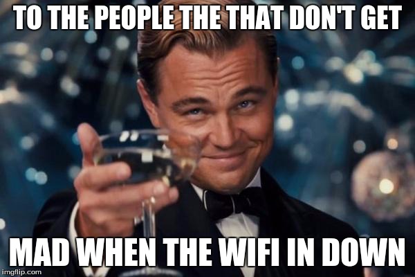 Leonardo Dicaprio Cheers Meme | TO THE PEOPLE THE THAT DON'T GET MAD WHEN THE WIFI IN DOWN | image tagged in memes,leonardo dicaprio cheers | made w/ Imgflip meme maker