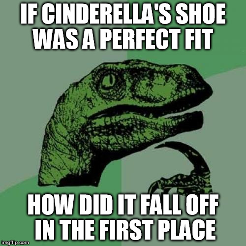 Philosoraptor | IF CINDERELLA'S SHOE WAS A PERFECT FIT HOW DID IT FALL OFF IN THE FIRST PLACE | image tagged in memes,philosoraptor | made w/ Imgflip meme maker