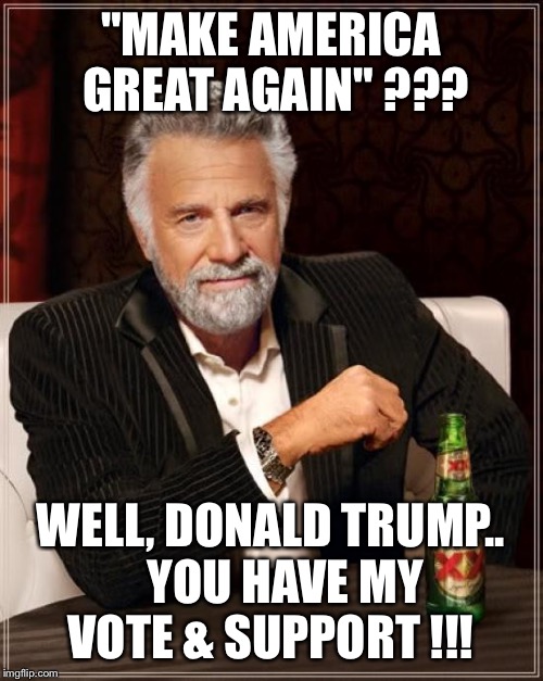 The Most Interesting Man In The World | "MAKE AMERICA GREAT AGAIN" ??? WELL, DONALD TRUMP..   YOU HAVE MY VOTE & SUPPORT !!! | image tagged in memes,the most interesting man in the world | made w/ Imgflip meme maker