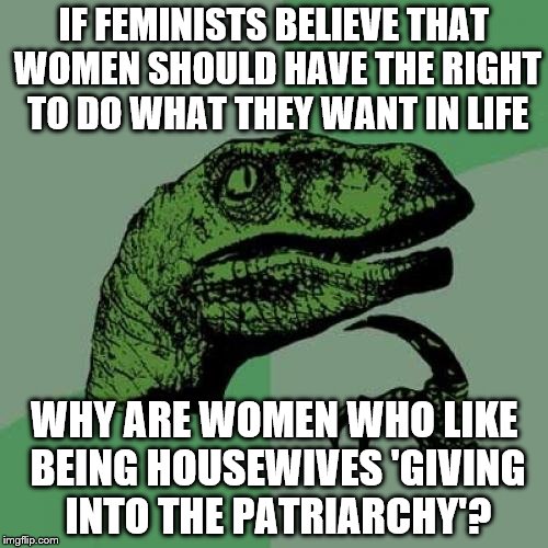 I'm just saying... | IF FEMINISTS BELIEVE THAT WOMEN SHOULD HAVE THE RIGHT TO DO WHAT THEY WANT IN LIFE WHY ARE WOMEN WHO LIKE BEING HOUSEWIVES 'GIVING INTO THE  | image tagged in memes,philosoraptor | made w/ Imgflip meme maker