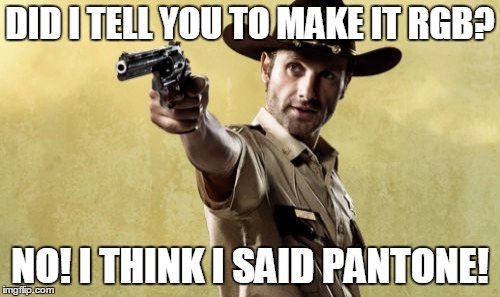 Rick Grimes | DID I TELL YOU TO MAKE IT RGB? NO! I THINK I SAID PANTONE! | image tagged in memes,rick grimes | made w/ Imgflip meme maker