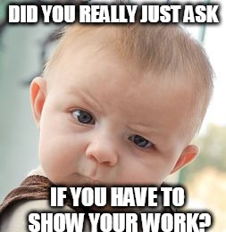 Skeptical Baby Meme | DID YOU REALLY JUST ASK IF YOU HAVE TO SHOW YOUR WORK? | image tagged in memes,skeptical baby | made w/ Imgflip meme maker